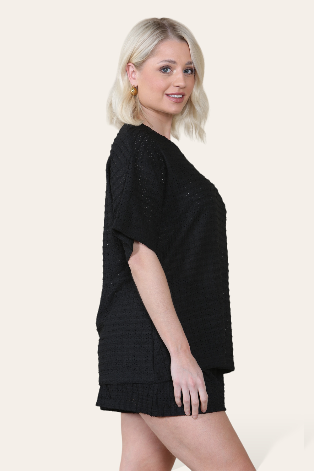 Crochet Oversized T-Shirt & Matching Shorts Co-Ord in Black