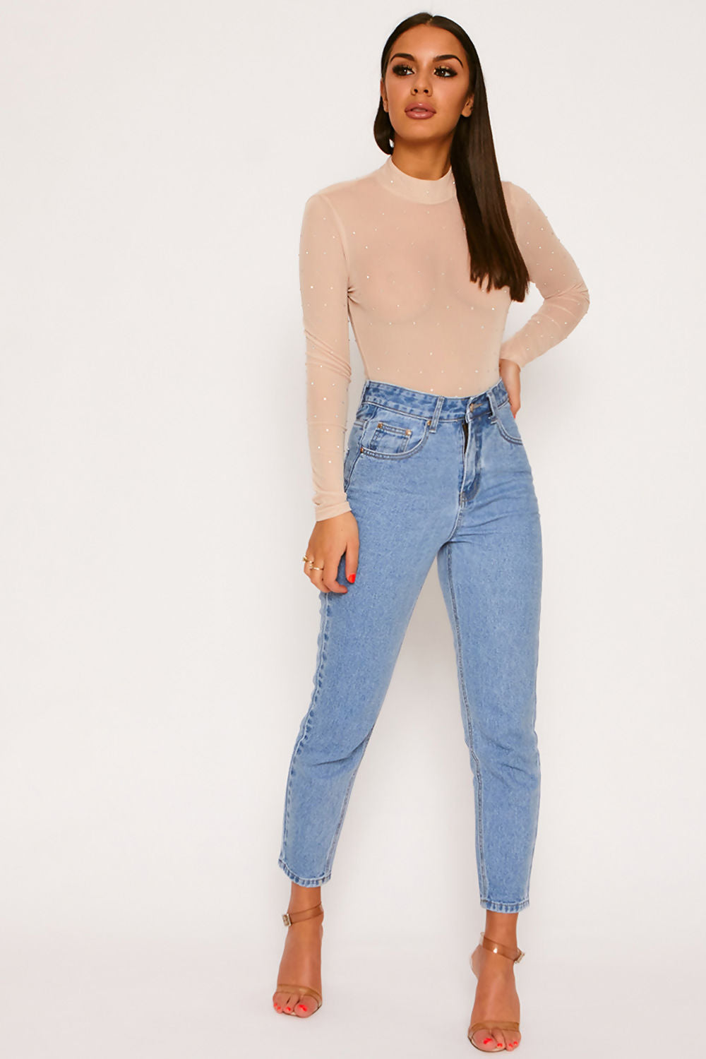 High Neck Diamante Bodysuit Nude