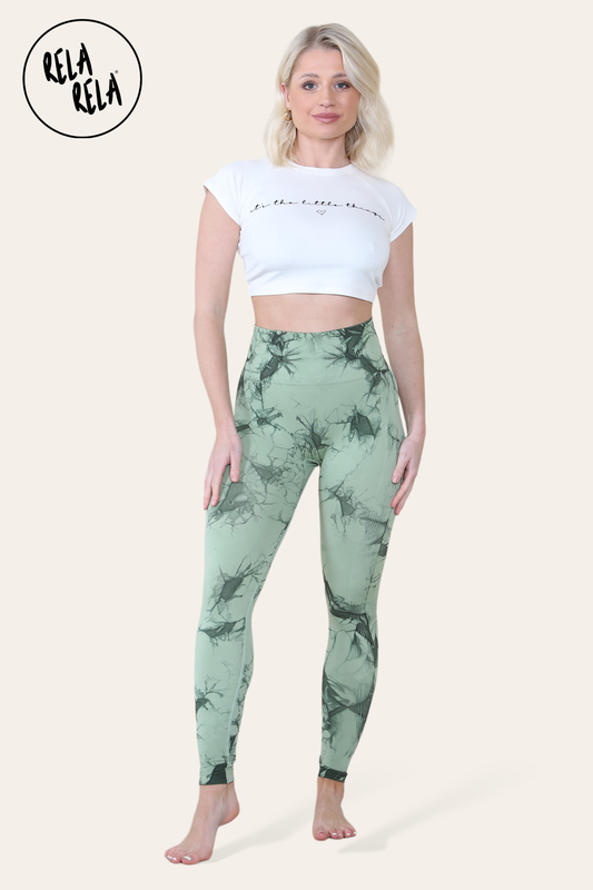 Marble Tie Dye High Waisted Scrunch Bum Leggings in Green
