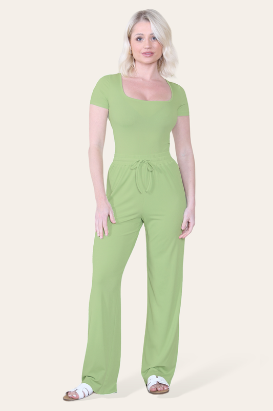 Scoop Neck Bodysuit & Wide Leg Trousers Co-Ord in Green