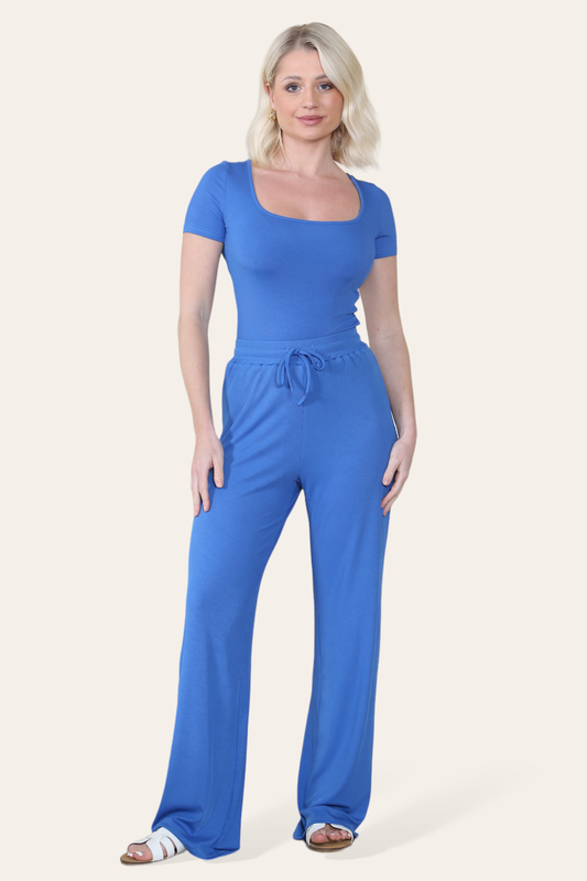 Scoop Neck Bodysuit & Wide Leg Trousers Co-Ord in Royal Blue