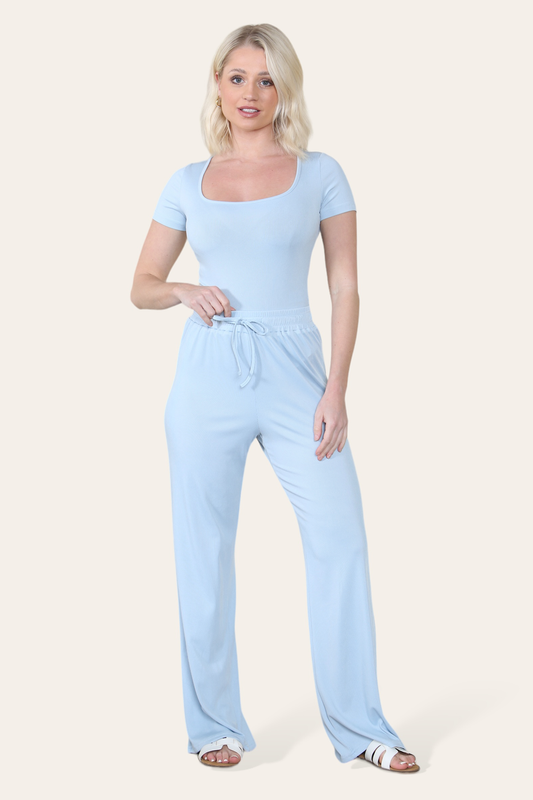 Scoop Neck Bodysuit & Wide Leg Trousers Co-Ord in Baby Blue
