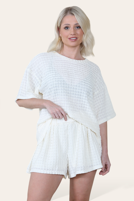 Crochet Oversized T-Shirt & Matching Shorts Co-Ord in Cream